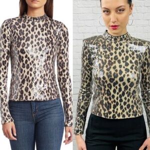 A.L.C. Marshall Sequin Leopard Print Long Sleeve Top Cropped Y2K Glam